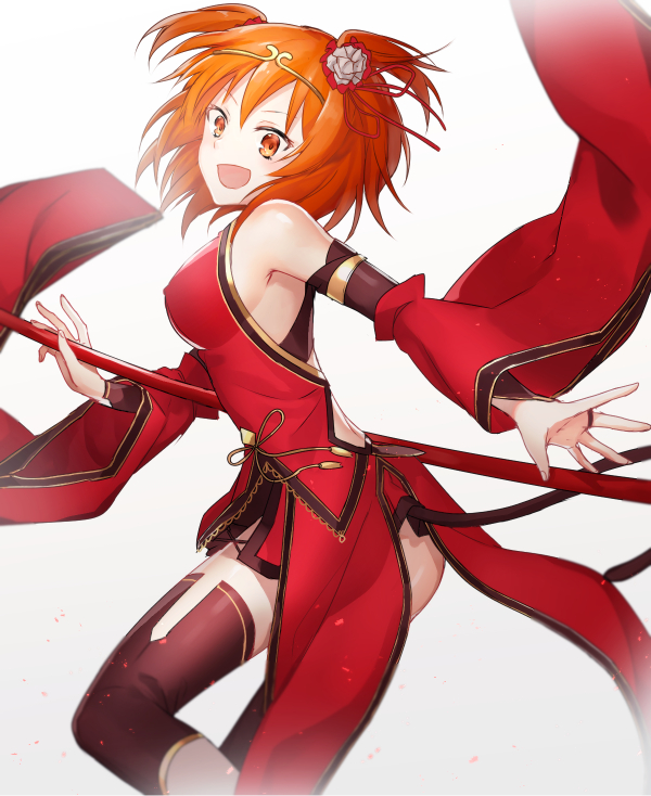 &gt;:d 1girl :d ass black_legwear breasts china_dress chinese_clothes circlet detached_sleeves dress fate/grand_order fate_(series) female_protagonist_(fate/grand_order) fujimaru_ritsuka_(female) matching_hair/eyes monkey_tail open_mouth orange_eyes orange_hair sideboob smile solo staff tail thighs uraha white_background
