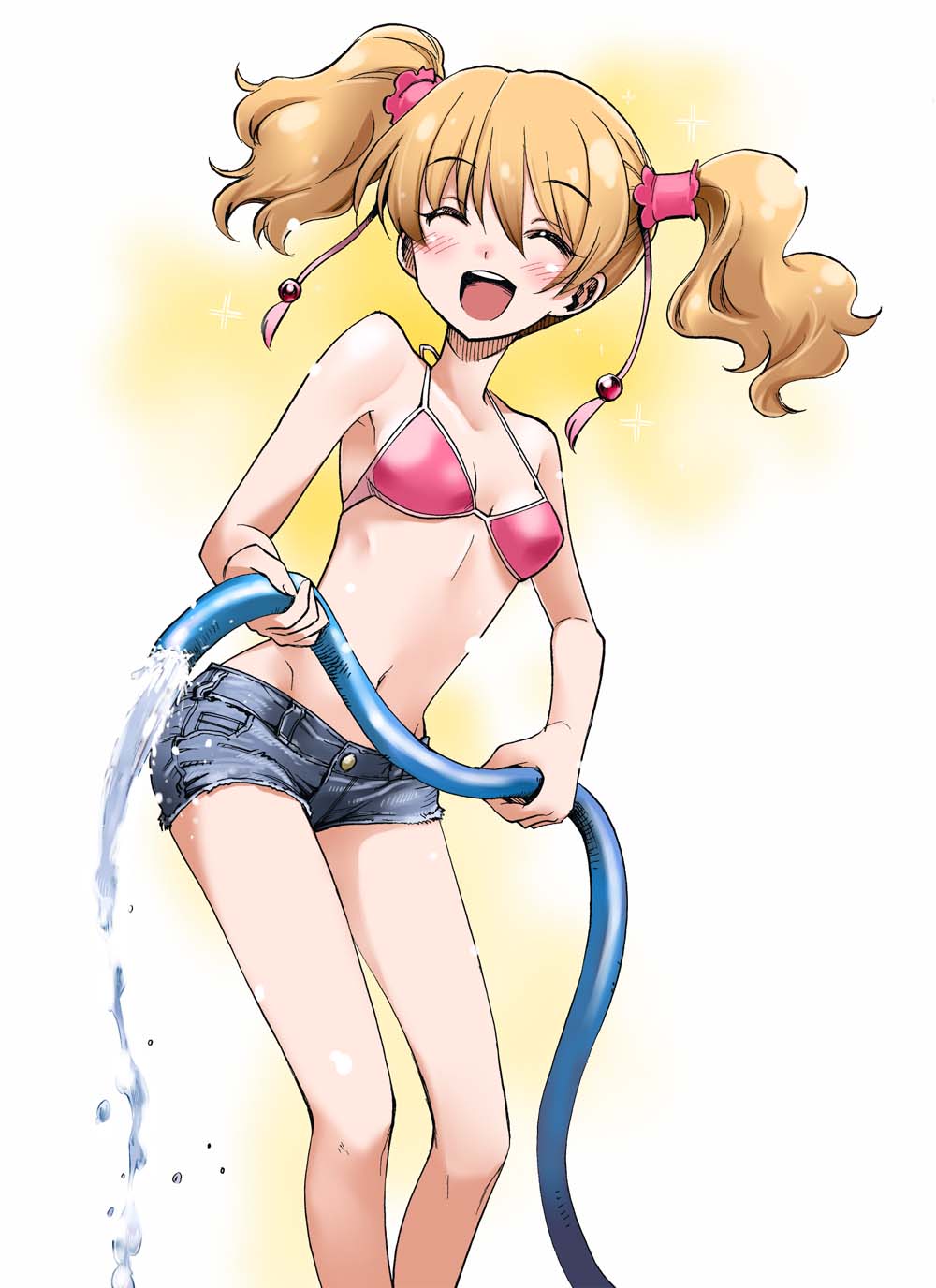 &gt;_&lt; 1girl :d alternate_costume bikini_top blonde_hair blush breasts closed_eyes commentary_request denim denim_shorts fresh_precure! highres hose kurose_kousuke momozono_love navel open_mouth precure short_shorts shorts small_breasts smile solo twintails water xd