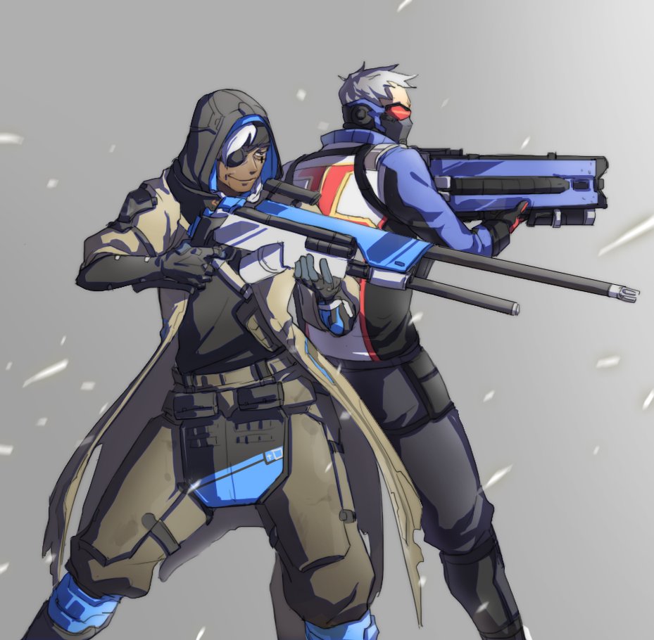 1boy 1girl ana_(overwatch) belt_pouch boots braid brown_eyes character_name clothes_writing coat covered_mouth cowboy_shot dark_skin energy_gun eyepatch facial_mark facial_tattoo gloves gun headband hijab holding holding_gun holding_weapon holster hood jacket knee_boots mask old_woman overwatch pants red_gloves rifle scope short_hair sniper_rifle soldier:_76_(overwatch) tattoo thigh_holster thigh_strap visor weapon white_hair