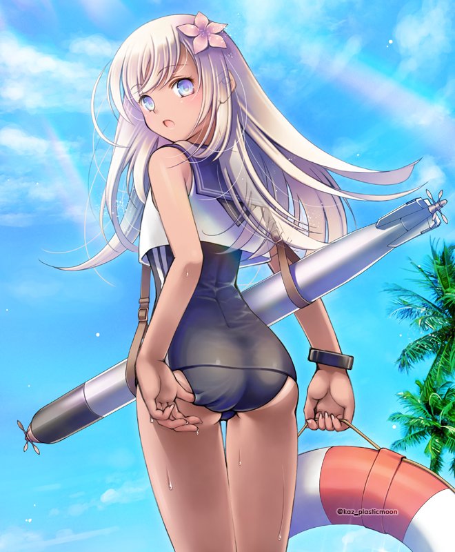 1girl adjusting_clothes adjusting_swimsuit ass blonde_hair blue_eyes bracelet crop_top flower from_behind hair_flower hair_ornament jewelry kantai_collection lifebuoy looking_back one-piece_tan palm_tree plastic_moon ro-500_(kantai_collection) sailor_collar school_swimsuit swimsuit swimsuit_under_clothes tan tanline torpedo tree