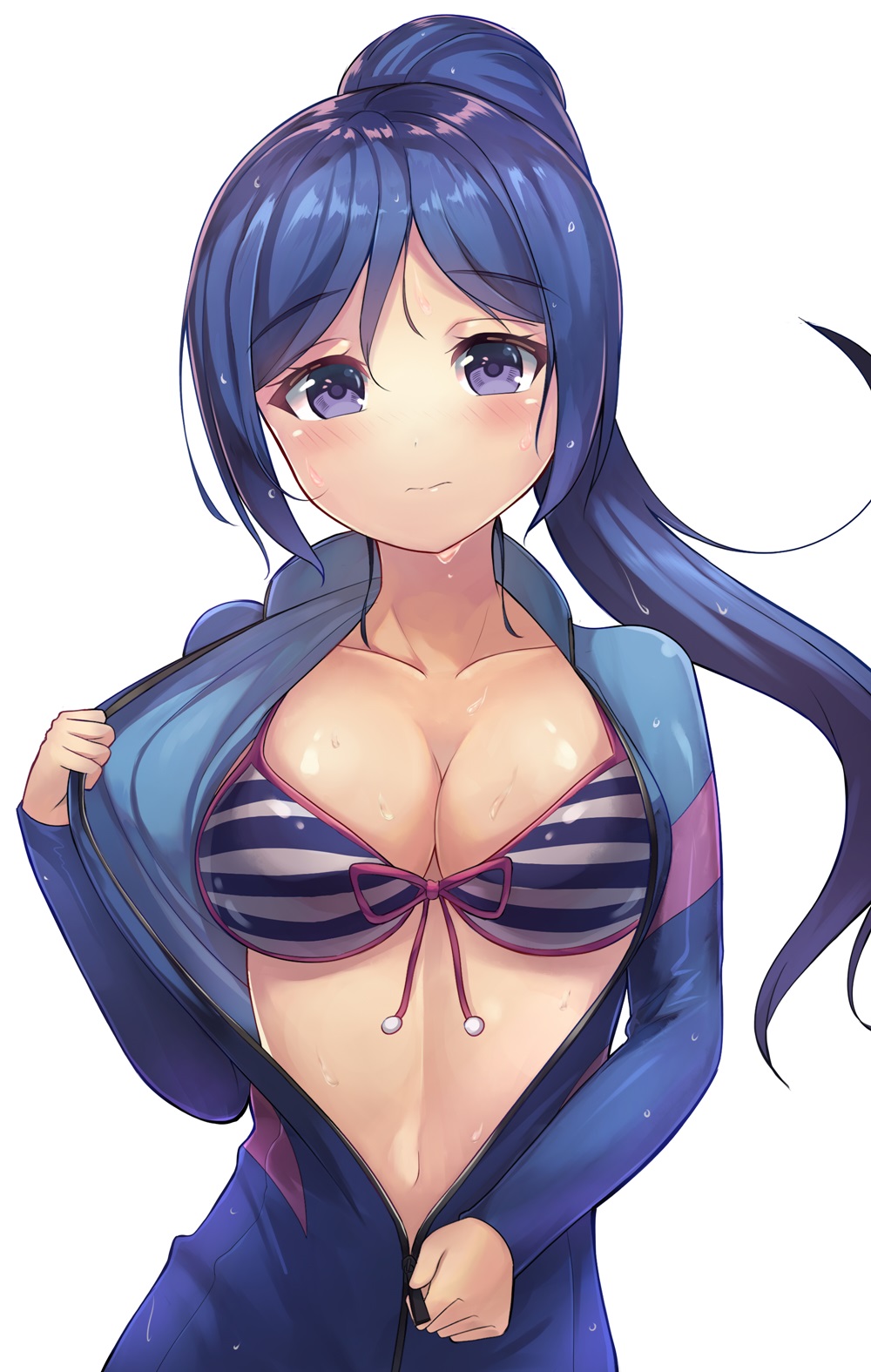 1girl bikini bikini_under_clothes blue_hair blush breasts cleavage highres long_hair looking_at_viewer love_live! love_live!_sunshine!! matsuura_kanan motokonut navel ponytail simple_background solo striped striped_bikini swimsuit swimsuit_under_clothes violet_eyes wet wet_clothes