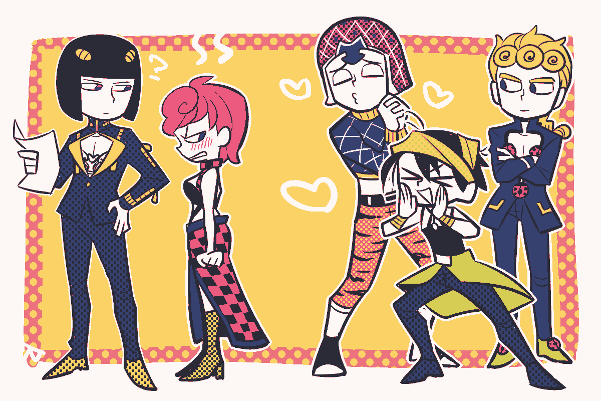 &gt;_&lt; black_hair blonde_hair blue_eyes blush bob_cut bra braid bruno_buccellati checkered checkered_skirt choker clenched_hands closed_eyes crop_top crossed_arms giorno_giovanna guido_mista hair_ornament hairband hairclip haku_le hand_on_hip hands_clasped hat heart jojo_no_kimyou_na_bouken ladybug narancia_ghirga open_mouth pink_hair puckered_lips single_braid skirt steam strap tiger_print trish_una turtleneck underwear zipper