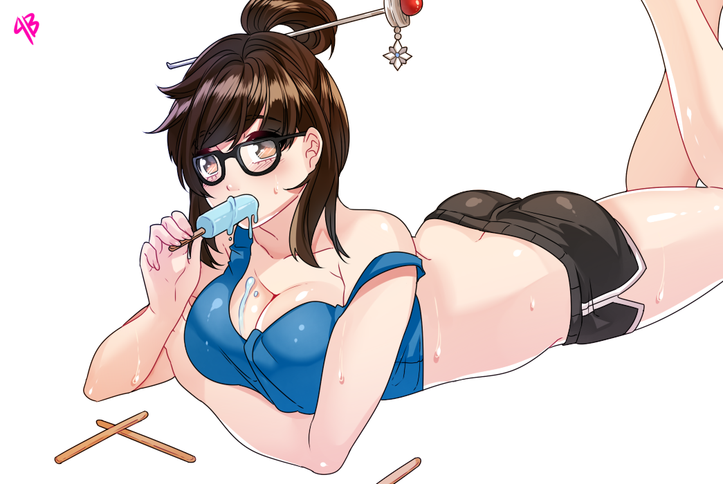 1girl artist_name ass bangs bare_shoulders barefoot beads black-framed_eyewear black_shorts blush breasts brown_eyes brown_hair butt_crack cleavage collarbone crop_top dripping eating eyebrows eyebrows_visible_through_hair food futo_20 glasses hair_bun hair_ornament hair_stick holding holding_food ice_cream large_breasts legs_up looking_at_viewer lying mei_(overwatch) on_stomach overwatch popsicle short_hair short_shorts shorts sidelocks simple_background snowflake_hair_ornament solo strap_slip sweat sweatdrop swept_bangs tank_top white_background