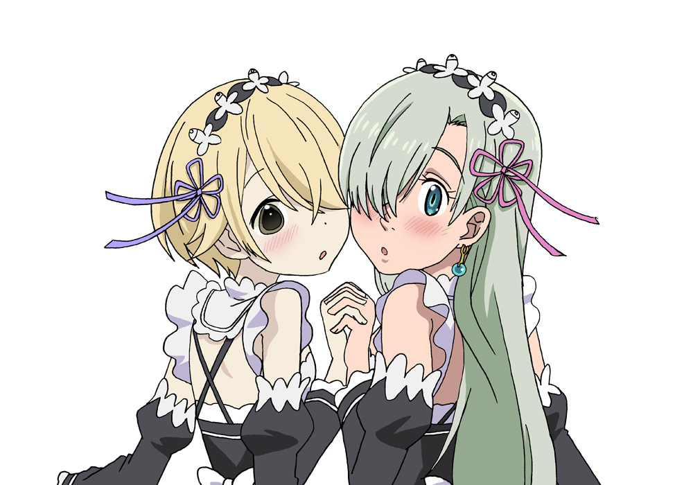 2girls anifamu blonde_hair blue_eyes blush detached_sleeves earrings elizabeth_liones green_hair grey_eyes hair_over_one_eye hairband holding holding_hair jewelry long_hair looking_at_viewer maid multiple_girls nanatsu_no_taizai oota_saya open_mouth ram_(re:zero) ram_(re:zero)_(cosplay) re:zero_kara_hajimeru_isekai_seikatsu rem_(re:zero) rem_(re:zero)_(cosplay) short_hair tanaka-kun_wa_itsumo_kedaruge trait_connection