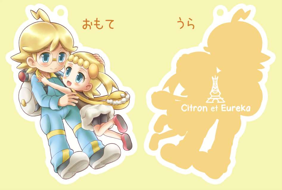 1boy 1girl backpack blonde_hair blush brother_and_sister child citron_(pokemon) eiffel_tower eureka_(pokemon) french glasses hand_on_another's_head hand_on_head nintendo open_mouth pokemon porocha shiny shiny_hair shoes short_hair siblings
