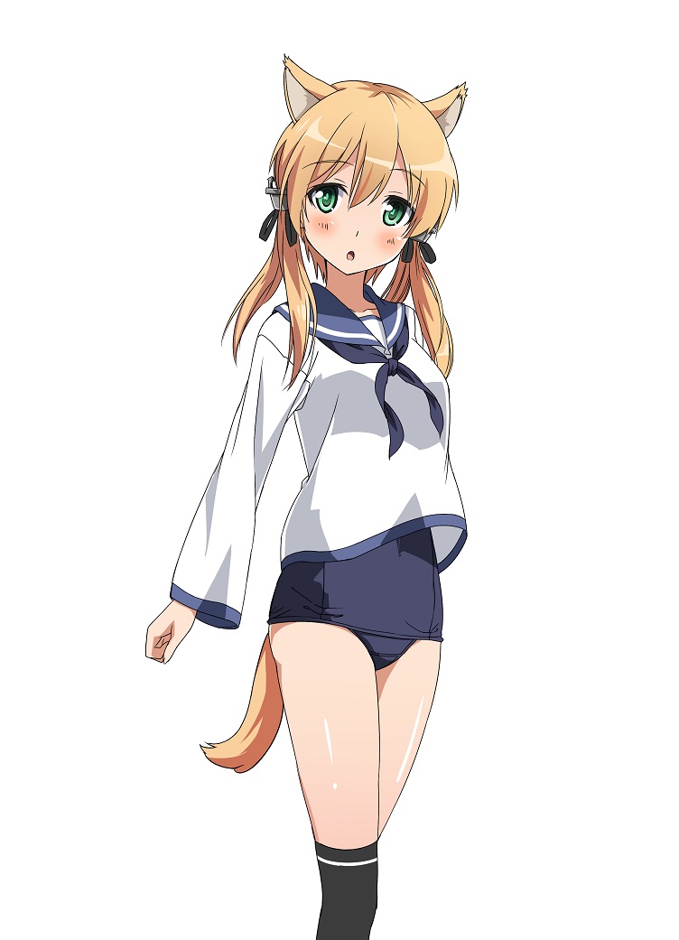 1girl :o anchor_hair_ornament animal_ears arms_at_sides black_legwear black_ribbon blonde_hair blue_swimsuit blush cat_ears eyebrows eyebrows_visible_through_hair green_eyes hair_ornament hair_ribbon head_tilt kantai_collection kemonomimi_mode kneehighs legs_together looking_at_viewer low_twintails miyafuji_yoshika miyafuji_yoshika_(cosplay) one-piece_swimsuit open_mouth prinz_eugen_(kantai_collection) ribbon school_swimsuit school_uniform serafuku shiny shiny_skin simple_background solo strike_witches swimsuit swimsuit_under_clothes tareme twintails white_background world_witches_series zero_(miraichizu)