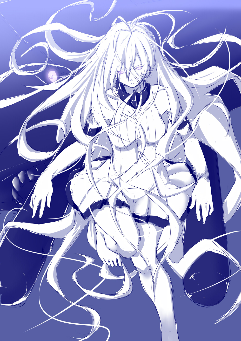 1girl bangs barefoot breasts character_request collar dress female floating_hair gradient gradient_background highres impossible_clothes impossible_dress kantai_collection long_hair medium_breasts monochrome niwatazumi purple_background shinkaisei-kan short_dress sketch sleeveless sleeveless_dress solo submarine_hime underwater white_dress yellow_eyes