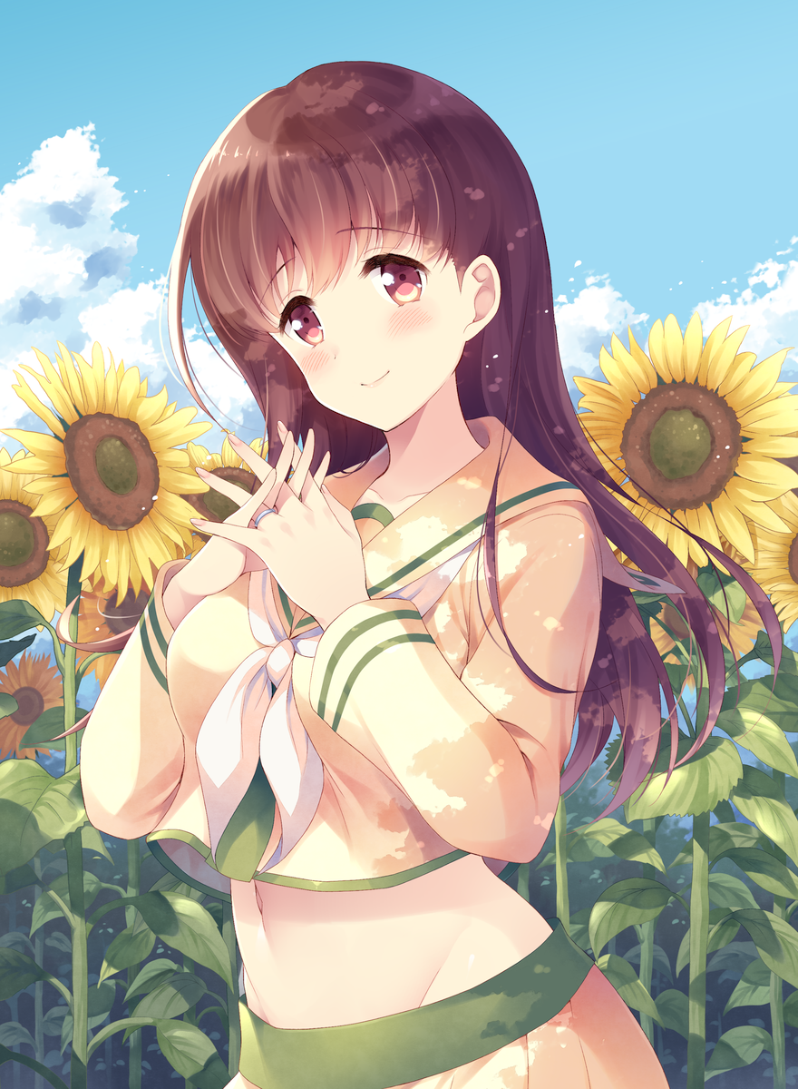 1girl blue_sky blush breasts brown_eyes brown_hair clouds collarbone day eyebrows eyebrows_visible_through_hair field flower flower_field groin hand_holding highres interlocked_fingers jewelry kantai_collection komi_zumiko large_breasts long_hair long_sleeves looking_at_viewer midriff navel ooi_(kantai_collection) outdoors own_hands_together remodel_(kantai_collection) ring school_uniform serafuku sky smile solo standing sunflower wedding_band