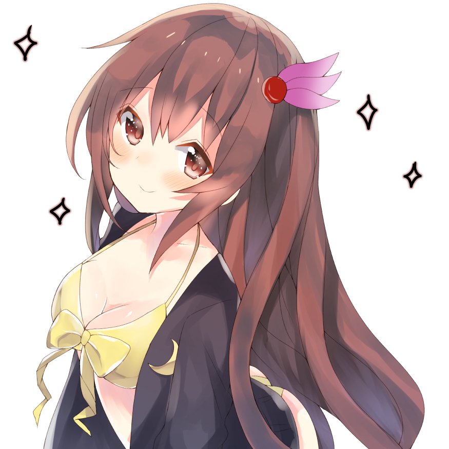 bra breasts brown_eyes brown_hair cleavage commentary_request crescent crescent_moon_pin eyebrows eyebrows_visible_through_hair hair_ornament kantai_collection kisaragi_(kantai_collection) long_hair looking_at_viewer medium_breasts open_clothes simple_background touko_(toukoneko) underwear undressing white_background yellow_bra