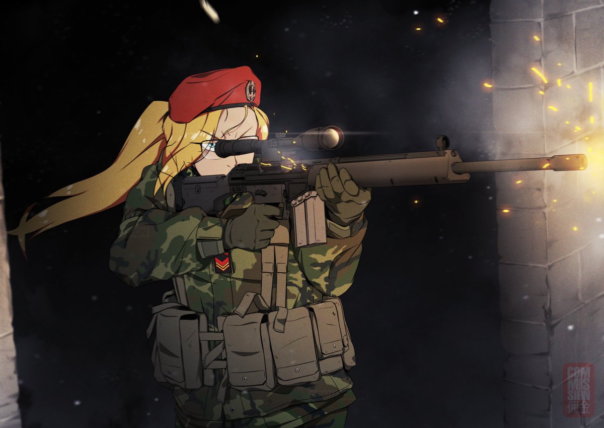 1girl bangs beret british camouflage firing gloves gun h&amp;k_msg90 hat holding holding_gun holding_weapon load_bearing_vest long_hair military military_operator military_uniform mrxinom muzzle_flash original ponytail rifle sniper_rifle solo special_air_service uniform wall weapon