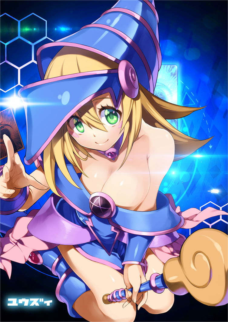 1girl bare_shoulders blonde_hair blush_stickers breasts choker cleavage collarbone dark_magician_girl duel_monster green_eyes hat hexagram jewelry large_breasts long_hair necklace pentacle smile solo staff star wizard_hat yu-gi-oh! yuu-gi-ou_duel_monsters yuuzii