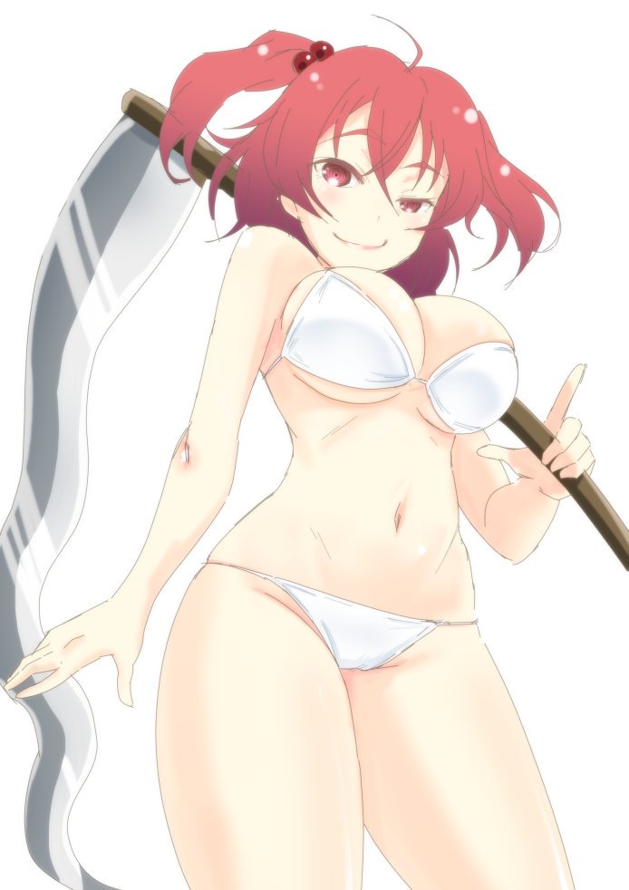 1girl alternate_costume arm_at_side bikini breasts from_below hair_between_eyes hair_bobbles hair_ornament large_breasts lips looking_at_viewer midriff mukai navel onozuka_komachi over_shoulder red_eyes redhead scythe short_twintails smile smug swimsuit touhou twintails weapon weapon_over_shoulder white_bikini