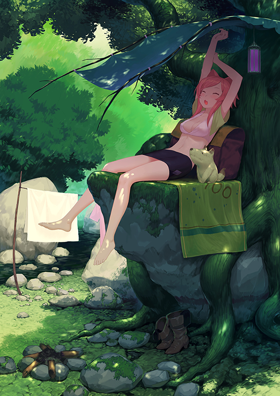 1girl ^_^ animal animal_ears arms_up bag bangs bare_legs barefoot black_boots black_skirt blanket boots boots_removed breasts cat_ears cleavage closed_eyes clothesline crop_top dog grass hand_on_own_arm lamp laundry leaning_back medium_breasts midriff miniskirt moss nature navel open_mouth original outdoors pencil_skirt pink_hair raglan_sleeves rock shade short_sleeves sitting skirt stick stomach stream stretch towel tree tree_shade yawning zimajiang