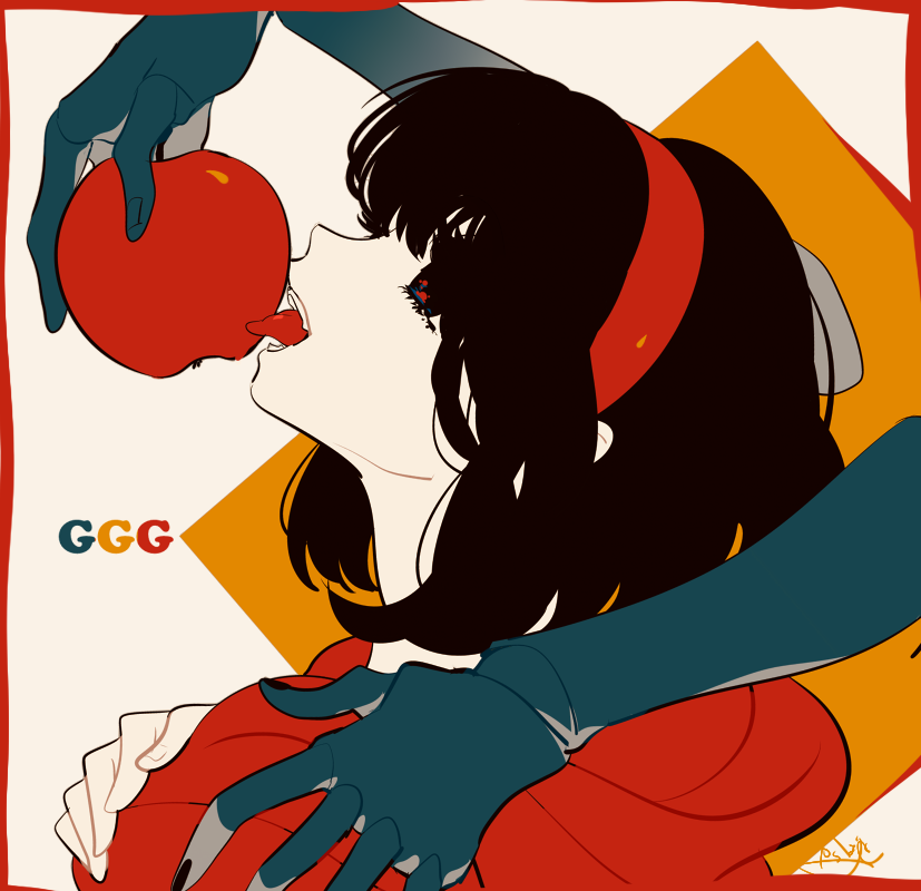 1girl apple bangs black_hair blunt_bangs border curly_hair eating food fruit gloves grey_gloves hairband holding holding_food holding_fruit karabako licking looking_up poster profile red_border red_eyes short_hair solo_focus tongue upper_body