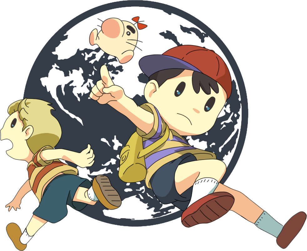 2boys baseball_cap black_hair blonde_hair earthbound hat lucas mother_(game) mr.saturn multiple_boys ness nintendo short_hair shorts