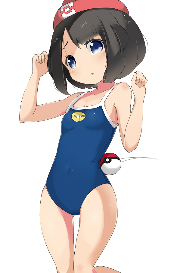 1girl bangs beanie black_hair blue_eyes blue_swimsuit breasts character_request clenched_hands competition_school_swimsuit covered_navel cowboy_shot female female_protagonist_(pokemon_sm) from_side hands_up hat head_tilt looking_at_viewer motion_lines one-piece_swimsuit parted_lips poke_ball pokemon protagonist raised_eyebrows red_hat school_swimsuit short_hair simple_background small_breasts solo standing swimsuit tamakorogashi thigh_gap white_background
