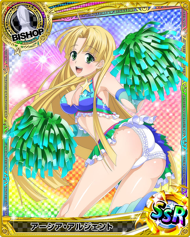 1girl ahoge artist_request asia_argento ass bishop_(chess) blonde_hair card_(medium) character_name checkered checkered_background cheerleader chess_piece erect_nipples gradient gradient_background green_eyes high_school_dxd long_hair midriff official_art pom_poms rainbow_background runes solo sparkle torn_clothes trading_card very_long_hair