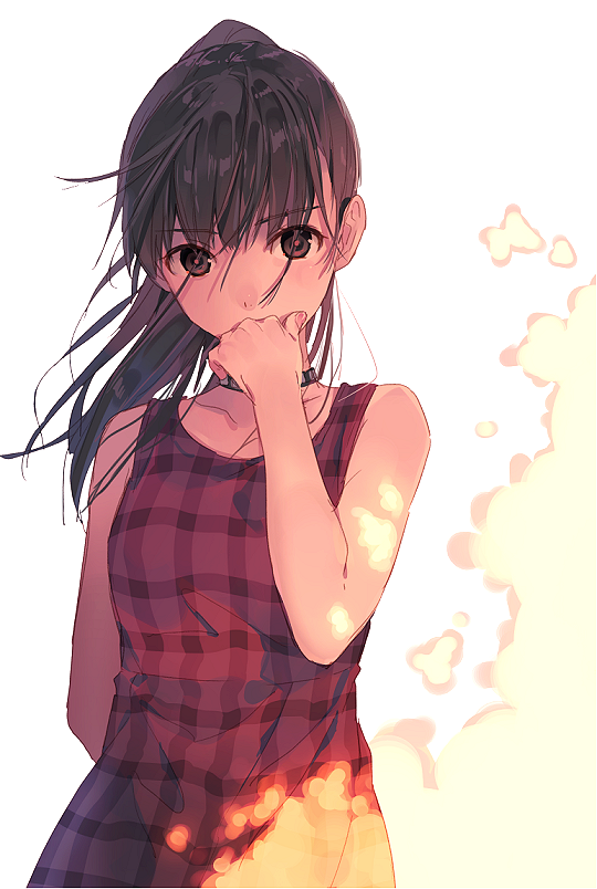 1girl bangs bare_arms black_hair brown_eyes checkered checkered_dress choker covered_mouth dress eyebrows_visible_through_hair hand_on_another's_face hidden_mouth hime_kyun_fruit_can long_hair looking_at_viewer natsu_natsuna okumura_mayuri real_life simple_background solo upper_body white_background