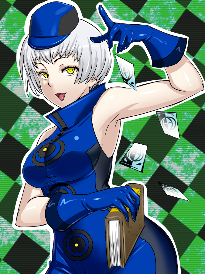 1girl :d argyle argyle_background armpits bare_shoulders blue_dress blue_gloves book breasts card dress elizabeth_(persona) gloves hat holding holding_book looking_at_viewer medium_breasts okyou open_mouth persona persona_3 short_hair sleeveless sleeveless_dress smile solo upper_body white_hair yellow_eyes