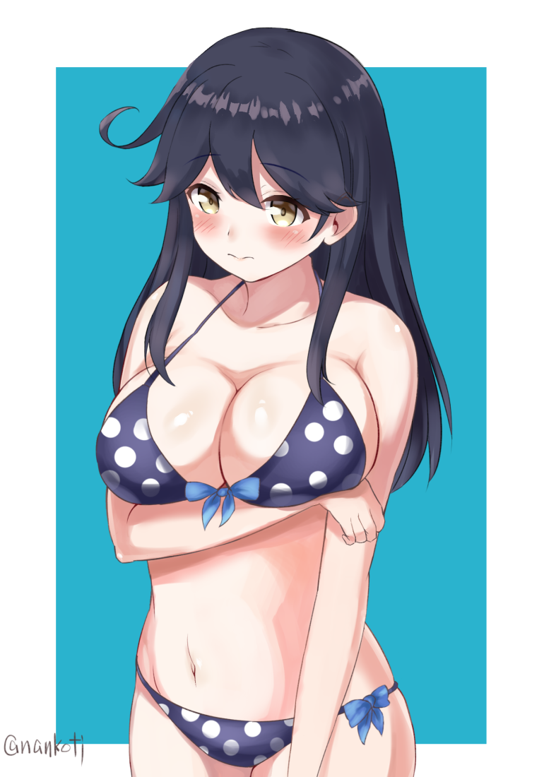 1girl ahoge arm_at_side bare_arms bare_shoulders bikini black_hair blue_bikini blue_hair blue_swimsuit blush breast_hold breasts brown_eyes cleavage collarbone eyebrows eyebrows_visible_through_hair front-tie_top hair_between_eyes hazamanokaien kantai_collection large_breasts long_hair midriff navel one-piece_swimsuit polka_dot polka_dot_bikini polka_dot_swimsuit side-tie_bikini solo standing swimsuit twitter_username ushio_(kantai_collection) yellow_eyes