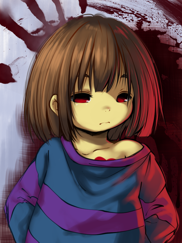 androgynous brown_hair collarbone frisk_(undertale) heart looking_at_viewer off_shoulder rai-rai red_eyes shirt solo striped striped_shirt undertale upper_body