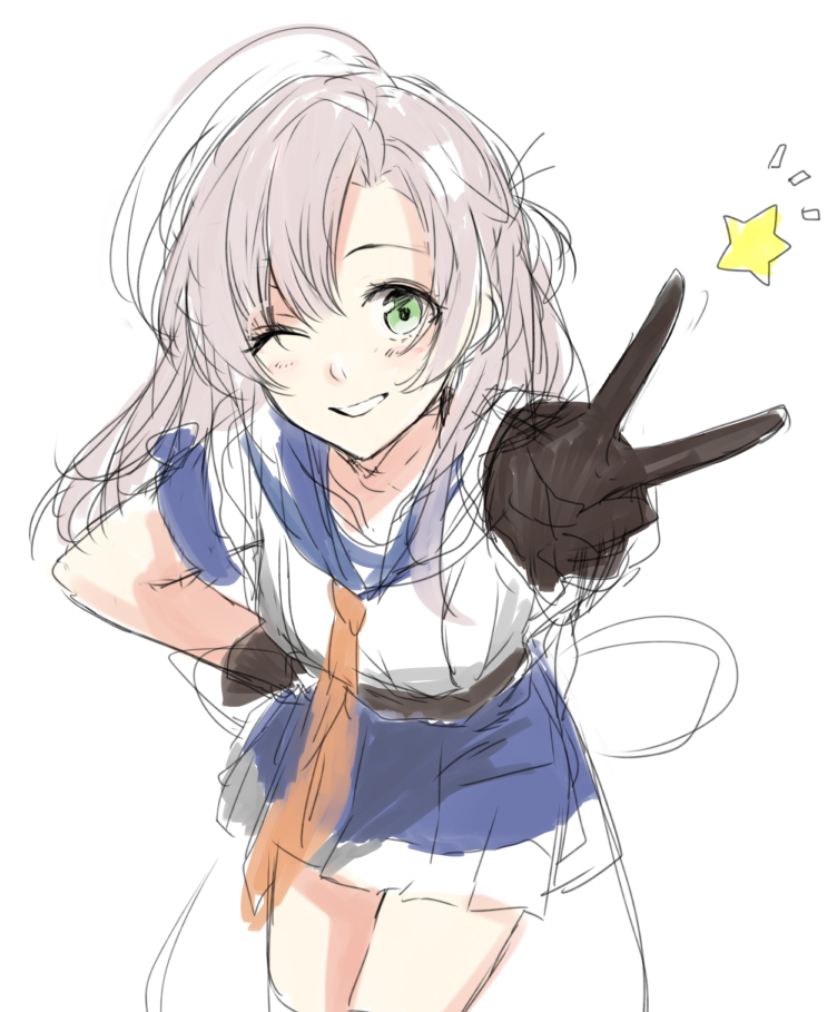 1girl black_gloves brown_hair character_request gloves green_eyes hand_on_hip kantai_collection kinugasa_(kantai_collection) leaning_forward long_hair morinaga_miki one_eye_closed sketch smile solo star v white_background