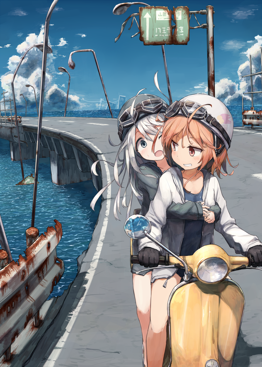 2girls ;o ahoge alternate_costume bangs bare_legs beize_(garbage) bicycle_helmet black_gloves blue_eyes blue_sky bridge brown_eyes brown_hair clouds commentary_request gloves goggles goggles_on_head grin ground_vehicle guard_rail hair_between_eyes hair_ornament head_tilt helm helmet highres horizon hug hug_from_behind i-58_(kantai_collection) jacket kantai_collection lamppost long_hair long_sleeves looking_back motor_vehicle multiple_girls ocean one-piece_swimsuit one_eye_closed open_clothes open_jacket open_mouth outdoors platinum_blonde riding riding_motorcycle road road_sign scooter shirt short_hair_with_long_locks shorts sign silver_hair sitting sky sleeves_past_wrists smile sunlight swimsuit swimsuit_under_clothes u-511_(kantai_collection) unzipped very_long_hair vespa water zipper