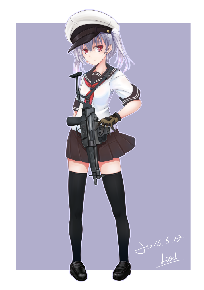 1girl black_hair full_body gloves gun h&amp;k_mp5 hat holding holding_gun holding_weapon lasel loafers looking_at_viewer original pleated_skirt red_eyes school_uniform serafuku shoes silver_hair skirt sling solo submachine_gun thigh-highs twintails weapon