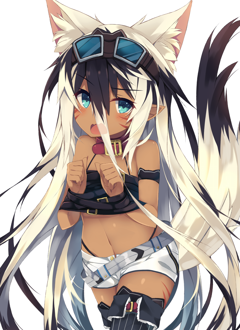 1girl animal_ears armband bare_shoulders belt black_hair black_panties blonde_hair blue_eyes blush boots bound bound_wrists buckle collar cowboy_shot crop_top dark_skin eyebrows eyebrows_visible_through_hair facial_mark flat_chest fox_ears fox_tail goggles goggles_on_head hair_between_eyes highleg highleg_panties highres long_hair looking_at_viewer midriff multicolored_hair navel nibiiro_shizuka open_mouth original panties pointy_ears shorts sleeveless solo tail tattoo thigh-highs thigh_boots underwear very_long_hair wavy_mouth