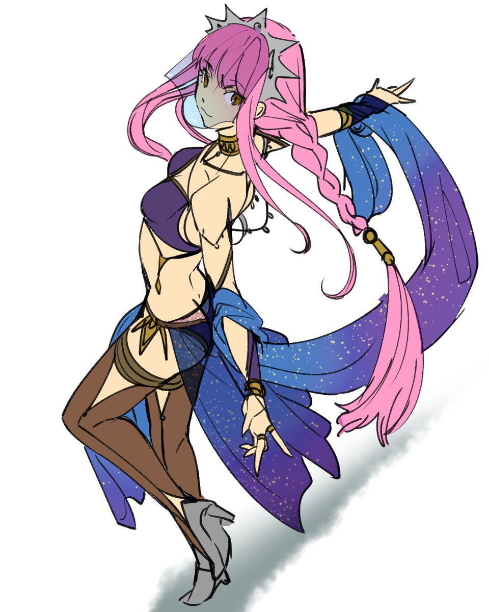 1girl alternate_costume alternate_hairstyle arabian_clothes ass bangs bare_shoulders blunt_bangs bracelet braid breasts butt_crack choker cleavage crop_top dancer fate/grand_order fate_(series) female flat_color full_body harem_outfit high_heels highres jewelry long_hair looking_at_viewer medb_(fate/grand_order) midriff necklace pink_hair purple_clothes ring see-through shimo_(s_kaminaka) sidelocks single_braid smile solo starry_sky_print thigh-highs tiara veil very_long_hair white_background