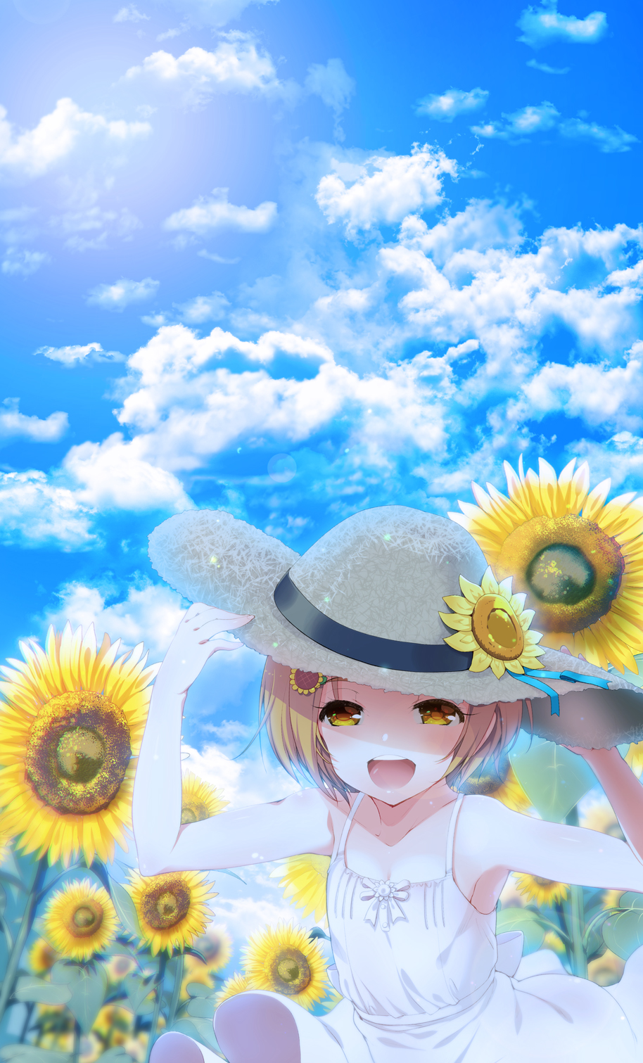 1girl :d akahito bangs bare_arms blue_ribbon blush brown_hair clouds collarbone dress eyebrows eyebrows_visible_through_hair eyelashes flat_chest flower hair_flower hair_ornament hairclip hand_on_headwear hands_up happy hat hat_flower hat_ribbon highres idolmaster idolmaster_cinderella_girls lens_flare looking_at_viewer open_mouth outdoors ribbon ryuuzaki_kaoru shade short_hair sky sleeveless sleeveless_dress smile solo straw_hat sundress sunflower sunflower_hair_ornament upper_body white_dress wind yellow_eyes yellow_flower