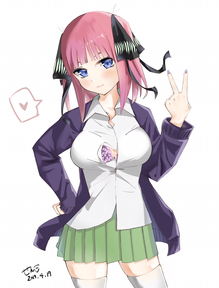 bangs black_ribbon blue_eyes blunt_bangs blush bra bra_peek breasts butterfly_hair_ornament button_gap cardigan go-toubun_no_hanayome green_skirt hair_ornament hand_on_hip heart large_breasts looking_at_viewer misbuttoned multicolored_nails nail_polish nakano_nino open_cardigan open_clothes pink_bra pink_hair purple_cardigan ribbon senko_(hanabi_senkooo) shirt simple_background skirt sleeves_past_wrists smile speech_bubble thick_thighs thigh-highs thighs twintails underwear v white_background white_legwear white_shirt zettai_ryouiki