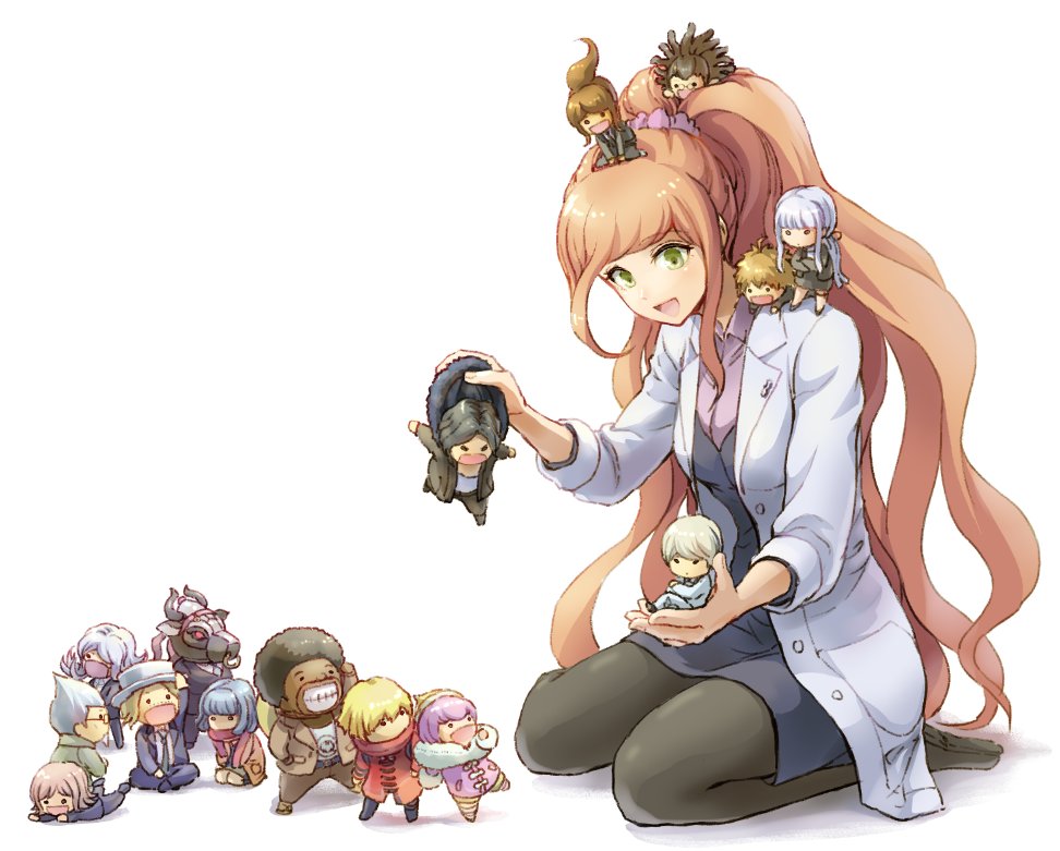 1girl afro andou_ruruka asahina_aoi bandai_daisaku crossed_arms dangan_ronpa dangan_ronpa_3 fairy_(jintai) formal fur_collar fur_trim gekkougahara_miaya great_gozu hagakure_yasuhiro holster izayoi_sounosuke jinrui_wa_suitai_shimashita kimura_seiko kirigiri_kyouko kizakura_kouichi labcoat long_hair mask mitarai_ryouta munakata_kyousuke naegi_makoto nakahara_mai orange_hair pantyhose ponytail sakakura_juuzou scrunchie seiyuu_connection seiza simple_background sitting skirt smile suit surgical_mask tengan_kazuo thigh_holster very_long_hair wariza white_background youko-shima yukizome_chisa