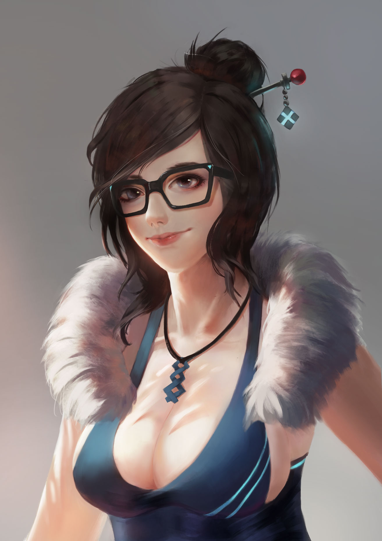 1girl artist_name bangs beads black-framed_eyewear breasts brown_eyes brown_hair cleavage closed_mouth collarbone eyelashes fur_collar fur_trim glasses gradient gradient_background hair_bun hair_ornament hair_stick halter_dress halterneck highres jewelry large_breasts mei_(overwatch) necklace overwatch pink_lips short_hair sideboob smile snowflake_hair_ornament solo swept_bangs upper_body