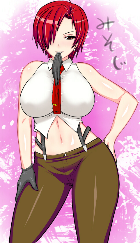 1girl bare_shoulders black_gloves blush breasts brown_pants earrings gloves hair_over_one_eye hand_on_hip jewelry large_breasts lipstick looking_at_viewer makeup mature midriff milf navel necktie nose_blush okyou pants red_necktie redhead short_hair single_glove sleeveless smile solo suspenders the_king_of_fighters vanessa_(king_of_fighters)
