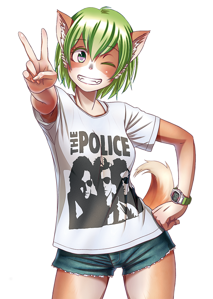 1girl ;) ;d animal_ears armpit_peek blue_shorts breasts clothes_writing contrapposto cowboy_shot cutoffs denim denim_shorts dog_ears dog_tail fangs furry green_eyes green_hair grin hand_on_hip head_tilt mascot one_eye_closed open_mouth original parted_lips shirt short_hair short_shorts shorts simple_background small_breasts smile solo t-shirt tail tareme tewatasanaiinu the_police thighs transparent_background v watch watch white_background white_shirt wokada