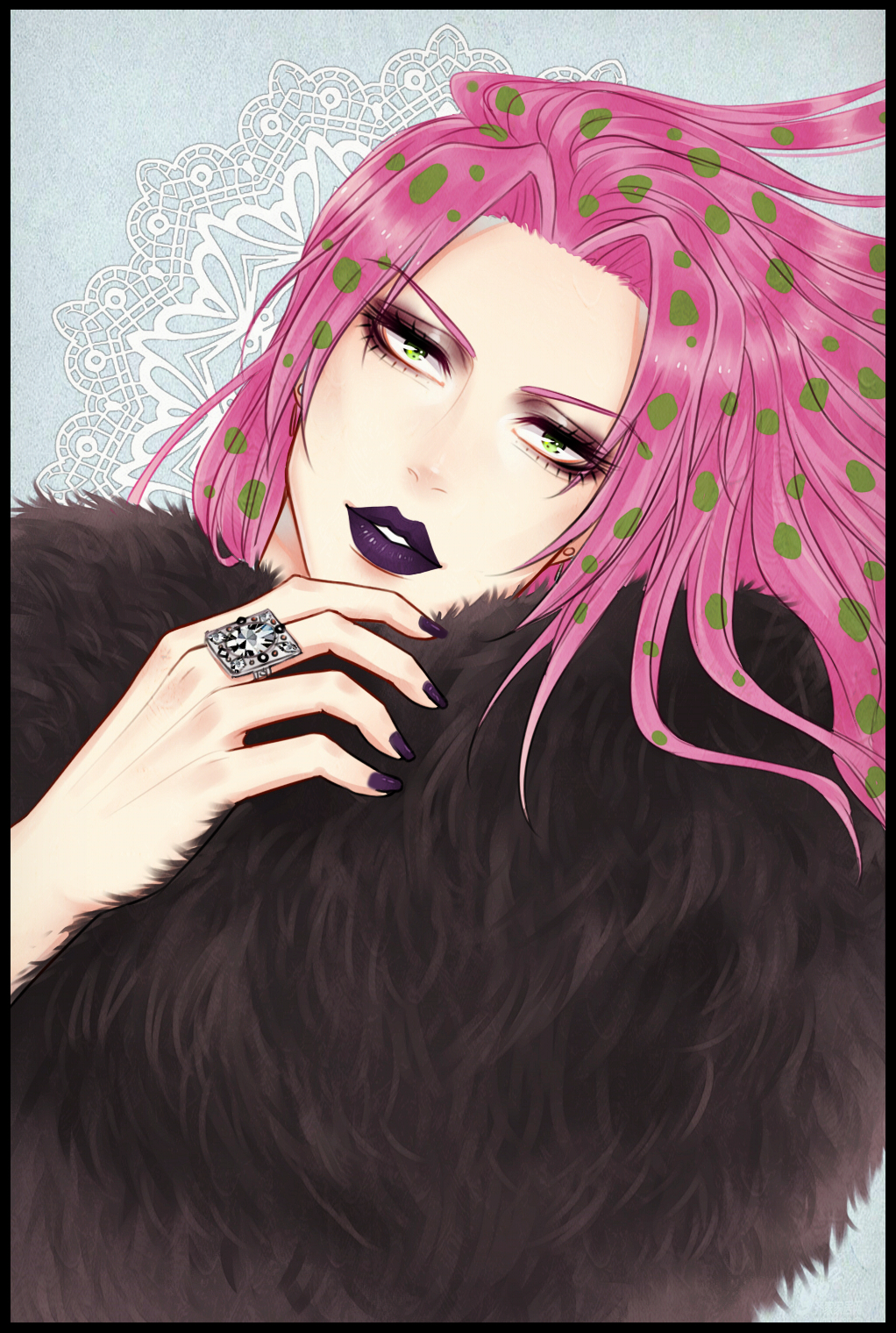 1boy black_border border diavolo eyebrows eyelashes face fur_trim green_eyes green_hair highres jewelry jojo_no_kimyou_na_bouken lipstick long_hair makeup male_focus mizulee multicolored_hair nail_polish pink_hair polka_dot purple_lipstick purple_nails ring solo two-tone_hair