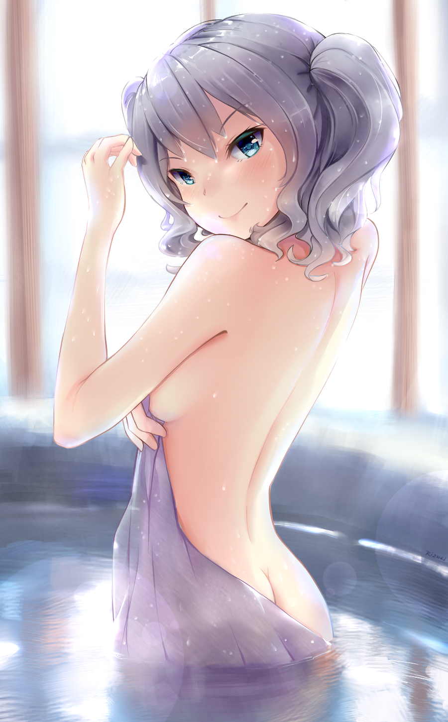 1girl bare_back bath blue_eyes breasts butt_crack highres kantai_collection kashima_(kantai_collection) long_hair looking_back naked_towel partially_submerged rizuki_suwoto sideboob silver_hair smile solo towel tsurime twintails wavy_hair wet