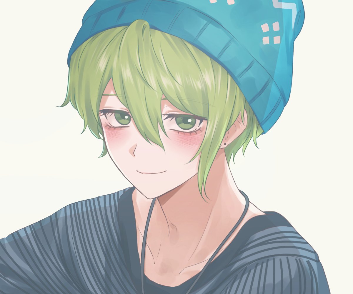1boy amami_rantarou bangs beanie blue_headwear blush closed_mouth collarbone commentary_request dangan_ronpa_(series) dangan_ronpa_v3:_killing_harmony earrings green_eyes green_hair hair_between_eyes hat jewelry looking_at_viewer male_focus necklace porary shiny shiny_hair shirt short_hair simple_background smile solo striped striped_shirt upper_body white_background