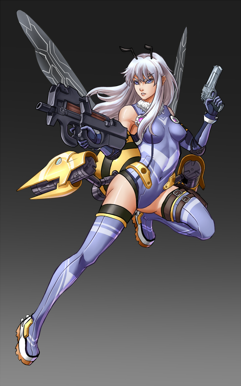 1girl antennae bee_girl blue_eyes breasts bullpup covered_navel desert_eagle elbow_gloves gloves gun handgun highres holding insect_girl leotard liu_li mecha_musume p90 pistol school_shock silver_hair solo submachine_gun thigh-highs weapon wings zhen_long