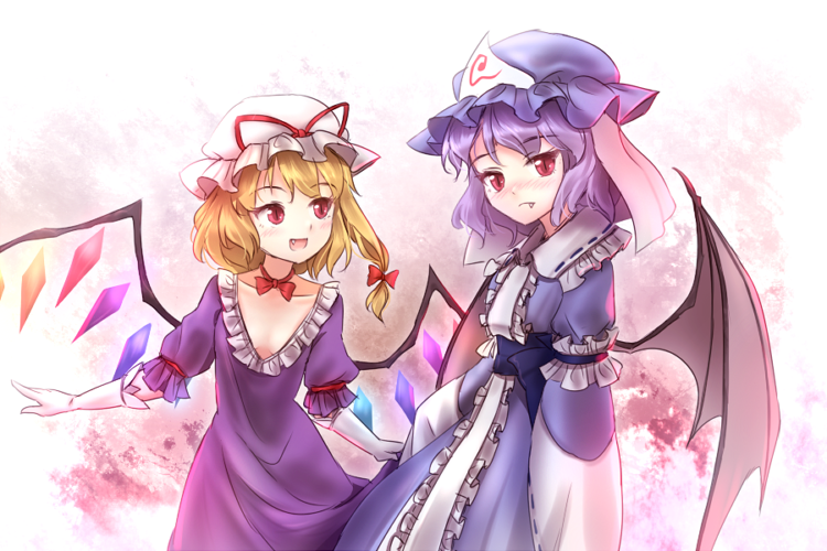 2girls arm_garter asymmetrical_hair bat_wings blonde_hair blue_dress blue_hat blue_ribbon blush bow bowtie breasts center_frills choker closed_mouth cosplay demon_wings dress elbow_gloves expressionless fang fang_out flandre_scarlet frilled_dress frilled_shirt_collar frilled_sleeves frills gloves hair_bow hat hat_ribbon look-alike looking_away looking_down looking_to_the_side low_neckline minust mob_cap multiple_girls open_mouth oversized_clothes puffy_short_sleeves puffy_sleeves purple_dress purple_hair red_bow red_bowtie red_eyes red_ribbon remilia_scarlet ribbon ribbon-trimmed_clothes ribbon_choker ribbon_trim saigyouji_yuyuko saigyouji_yuyuko_(cosplay) sash short_hair short_sleeves side_ponytail skirt_hold slit_pupils small_breasts tooth touhou triangular_headpiece white_gloves wings yakumo_yukari yakumo_yukari_(cosplay)