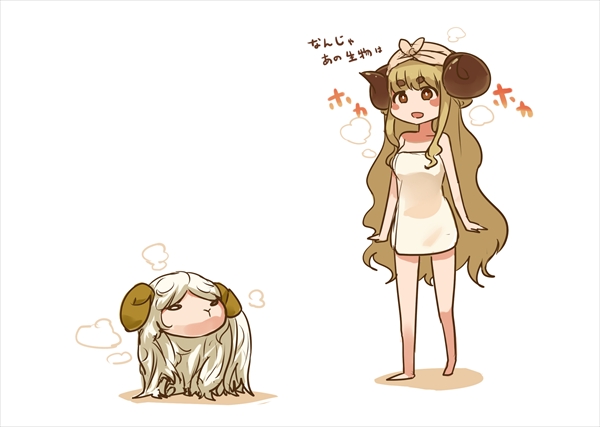 1girl anila_(granblue_fantasy) animal ao_(aocooler) bangs blonde_hair blush_stickers border breasts doraf eyebrows eyebrows_visible_through_hair full_body granblue_fantasy horns long_hair naked_towel open_mouth sheep sheep_horns short_eyebrows simple_background solo standing steam thick_eyebrows towel translation_request wavy_hair wet white_background