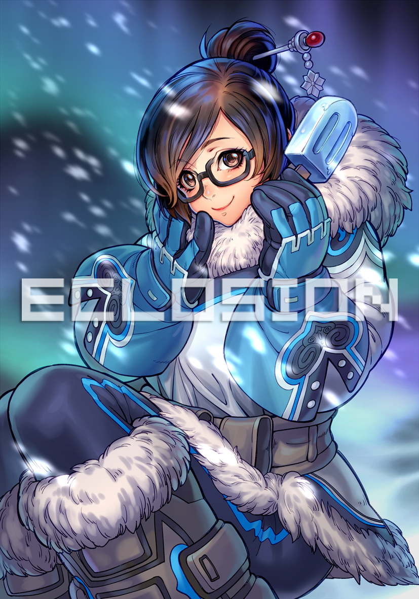 1girl artist_name black-framed_eyewear blush boots brown_eyes brown_hair coat eclosion fur_trim glasses gloves hair_bun hair_ornament hair_stick looking_at_viewer mei_(overwatch) overwatch popsicle short_hair smile snow snow_boots solo winter_clothes winter_coat