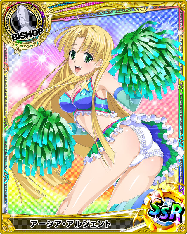 1girl ahoge artist_request asia_argento ass bishop_(chess) blonde_hair card_(medium) character_name checkered checkered_background cheerleader chess_piece erect_nipples gradient gradient_background green_eyes high_school_dxd long_hair midriff official_art pom_poms rainbow_background runes solo sparkle trading_card very_long_hair