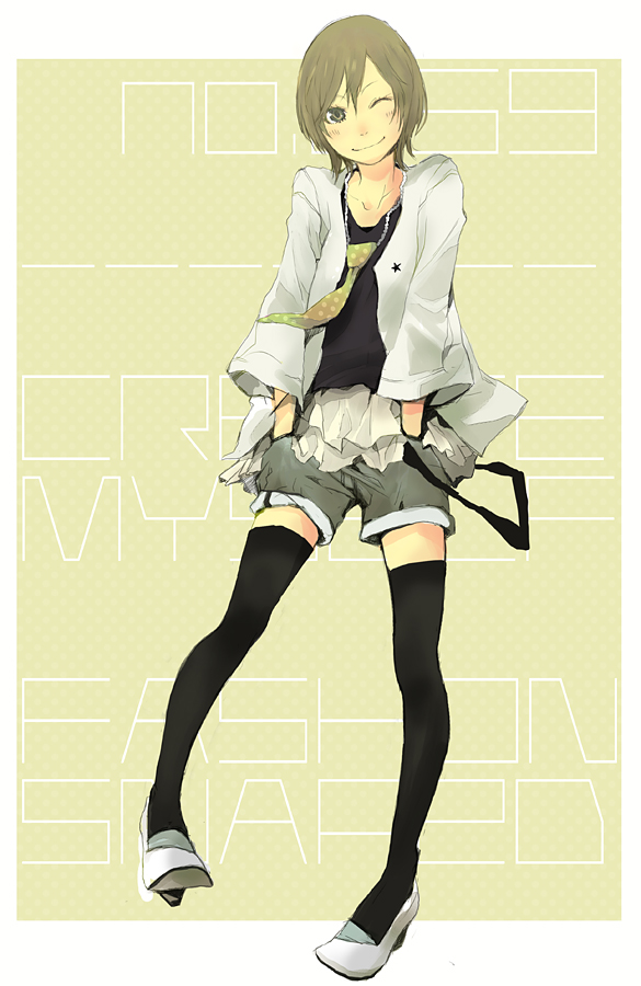 brown_eyes brown_hair fashion hands_in_pockets high_heels necktie original shoes short_hair shorts smile thigh-highs thighhighs wink yoshito zettai_ryouiki