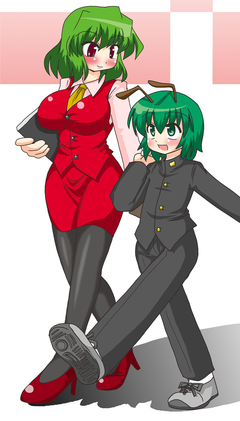 androgynous antenna antennae blush breasts chyaramu green_eyes green_hair highres impossible_clothes impossible_vest kazami_yuuka large_breasts miniskirt multiple_girls necktie pantyhose red_eyes reverse_trap school_uniform short_hair skirt skirt_set smile teacher touhou vest walking wriggle_nightbug