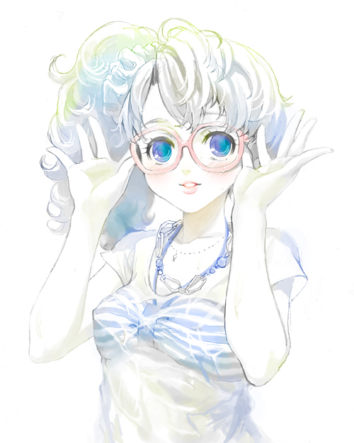 adjusting_glasses blue_eyes blush bust curly_hair glasses hands jewelry joe_sage lips messy_hair necklace original sage_joh side_ponytail solo striped t-shirt wet_clothes white_hair