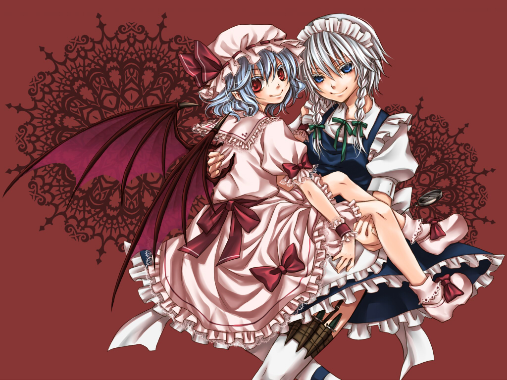 blue_eyes blue_hair braid hairband hat izayoi_sakuya knife red_eyes remilia_scarlet shira_tama shiratama_(mofutto) short_hair silver_hair thigh-highs thighhighs touhou twin_braids wings wrist_cuffs