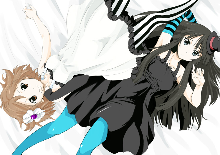 akiyama_mio bad_id bangs black_hair blue_eyes blue_legwear blunt_bangs brown_eyes brown_hair don't_say_lazy don't_say_"lazy" dress elbow_gloves fingerless_gloves flower gloves hat hikaru_(pixiv) hime_cut hirasawa_yui jewelry k-on! long_hair mini_top_hat multiple_girls necklace pantyhose short_hair striped striped_pantyhose top_hat vertical-striped_legwear vertical_stripes