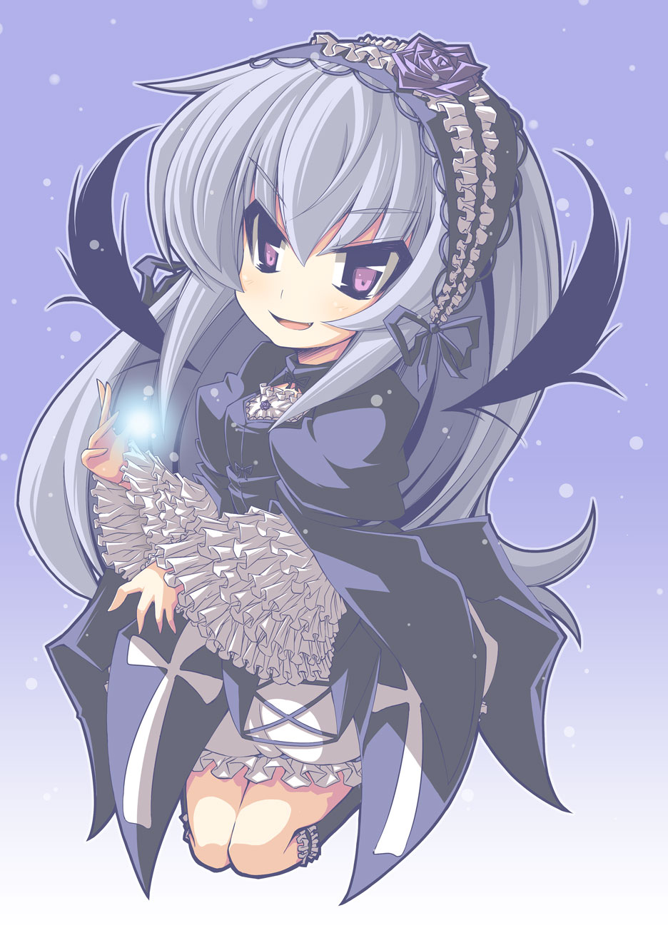 boots crazy_developers dress fang frills hairband highres knee_boots kneeling purple_eyes rozen_maiden silver_hair suigintou violet_eyes wings